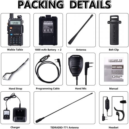  BaoFeng UV-5R Ham Radio BaoFeng Radio with Extra 1800mAh Battery and TIDRADIO 771 Antenna 144-148Mhz/420-450Mhz Two Way Radio Includes Full Kit BaoFeng Walkie Talkie