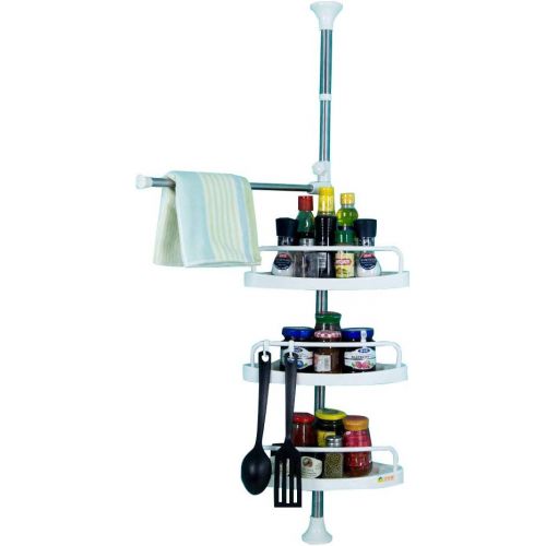  BAOYOUNI Baoyouni 3-Tier Countertop Standing Rack Corner Storage Organizer Kitchen Spice Jars Bottle Shelf Holder Adjustable Telescopic Stainless Steel Tension Pole 31.49-47.24inches, Ivory