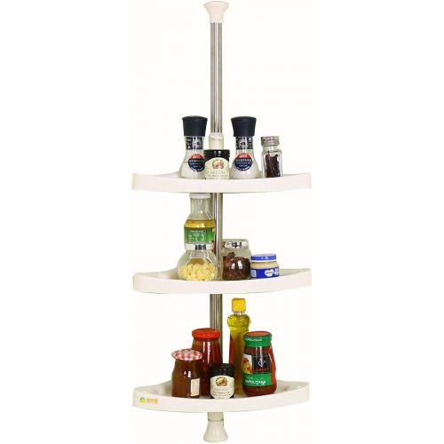  BAOYOUNI Baoyouni 3-Tier Countertop Standing Rack Corner Storage Organizer Kitchen Spice Jars Bottle Shelf Holder Adjustable Telescopic Stainless Steel Tension Pole 31.49-47.24inches, Ivory