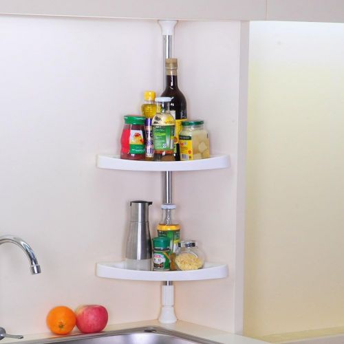  BAOYOUNI Baoyouni 3-Tier Countertop Standing Rack Corner Storage Organizer Kitchen Spice Jars Bottle Shelf Holder Adjustable Telescopic Stainless Steel Tension Pole 31.49-47.24inches, Ivory