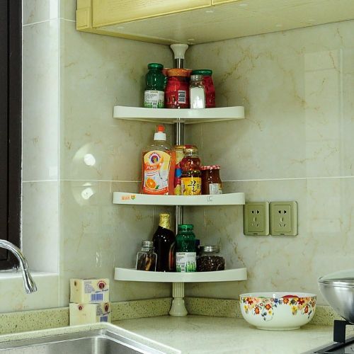  BAOYOUNI Baoyouni 3-Tier Countertop Standing Rack Corner Storage Organizer Kitchen Spice Jars Bottle Shelf Holder Adjustable Telescopic Stainless Steel Tension Pole 31.49-47.24inches, Ivory