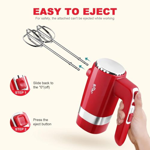  [아마존베스트]BAR Hand Mixer Electric Bear, 5 Speed Ultra Power Hand Mixer Kitchen Red Mixers Hand Held with Storage Base, Stainless Steel Beaters and Dough Hooks, 300W