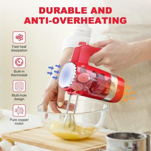  [아마존베스트]BAR Hand Mixer Electric Bear, 5 Speed Ultra Power Hand Mixer Kitchen Red Mixers Hand Held with Storage Base, Stainless Steel Beaters and Dough Hooks, 300W