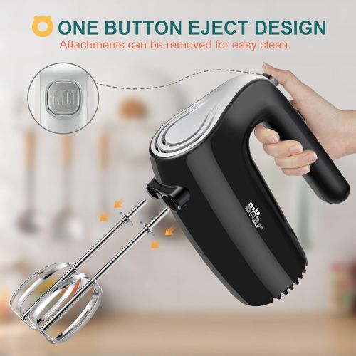  BAR Bear Hand Mixer Electric, 5-Speed Electric Hand Mixer with Easy Eject Button, 2 Stainless Steel Attachments, Small Kitchen Handheld Mixer for Baking Cake Egg Cream, Black