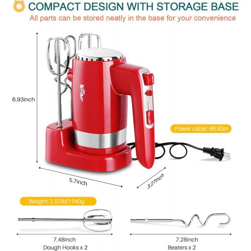  [아마존베스트]BAR Hand Mixer Electric, Bear 2x5 Speed 300W Electric Hand Mixer with 4 Stainless Steel Accessories Storage Base Eject Button Power Advantage Red Hand Mixer for Easy Whipping Dough, Cr