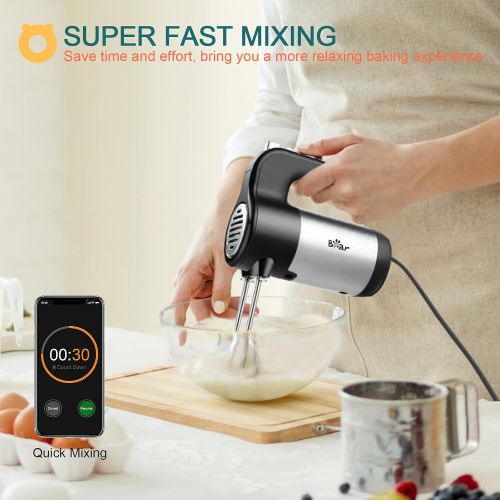  [아마존베스트]BAR Hand Mixer Electric, Bear 2x5 Speed 300W Handheld Mixer with 4 Stainless Steel Accessories Storage Base Eject Button Power Advantage Electric Hand Mixer for Easy Whipping Dough, Cr