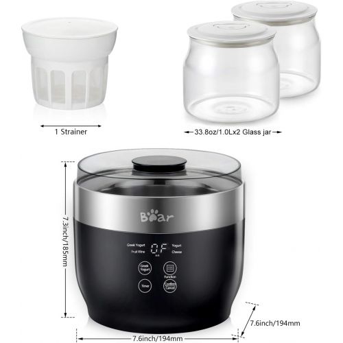  [아마존베스트]BAR Yogurt Maker, Yogurt Maker Machine with Stainless Steel Inner Pot, Greek Yogurt Maker with Timer Control, Automatic Digital Frozen Yogurt Maker with 2 Glass Jars 1 Quart and Strain