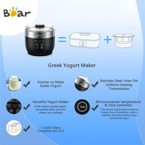  [아마존베스트]BAR Yogurt Maker, Yogurt Maker Machine with Stainless Steel Inner Pot, Greek Yogurt Maker with Timer Control, Automatic Digital Frozen Yogurt Maker with 2 Glass Jars 1 Quart and Strain