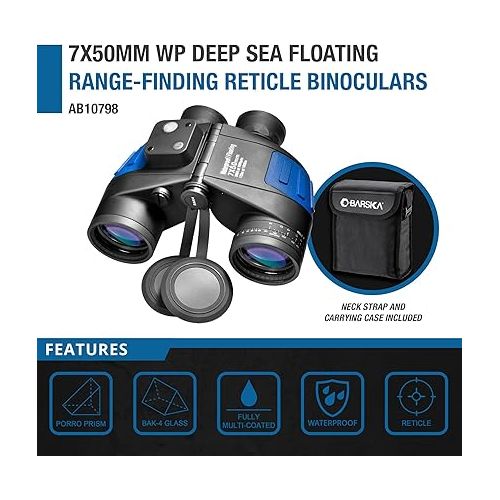  BARSKA Deep Sea Waterproof Floating Binocular w/ Internal Rangefinder & Compass, Blue, 7x50mm (AB10798)