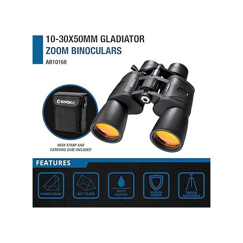  Barska Gladiator 10-30x50 Zoom Binoculars with Tripod Adaptor for Stargazing, Birding, Hiking, Sports, Travelling, Camping