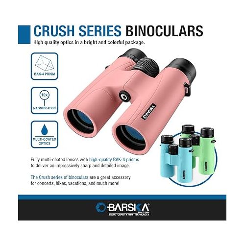  Barska Crush 10x42 Shockproof Lightweight Colorful Binoculars Fully-Multi Coated for Hunting, Hiking, Concerts, Sports with Carrying Case & Neck Strap