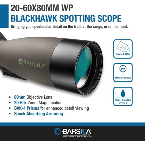  BARSKA AD12162 Blackhawk 20-60x80 Waterproof Spotting Scope with Tripod & Cases for Birding, Target Shooting, Sports, etc