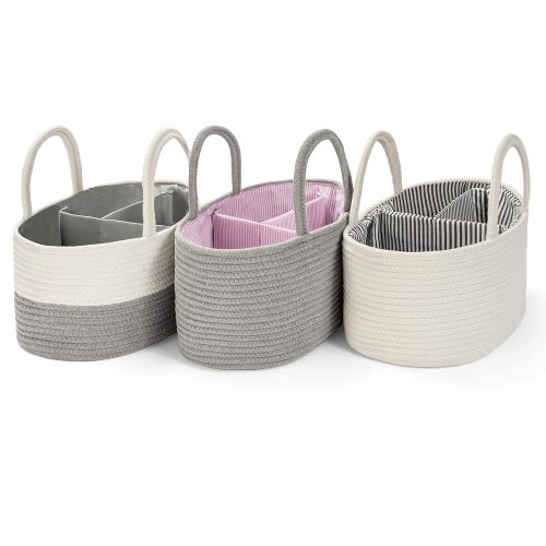  BASKETCASEBest Quality Utility Basket Diaper Caddy (Gray/White with Gray Solid Lining) Nursery Storage Bin and Car Organizer for Diapers and Baby Wipes