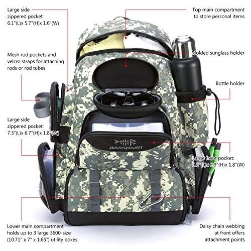  BASSDASH Fishing Tackle Backpack Water Resistant Lightweight Tactical Bag Soft Tackle Box with Rod Holder and Protective Rain Cover