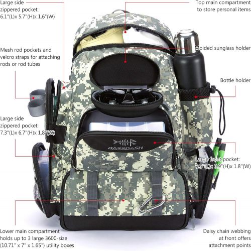  BASSDASH Fishing Tackle Backpack Water Resistant Lightweight Tactical Bag Soft Tackle Box with Rod Holder and Protective Rain Cover