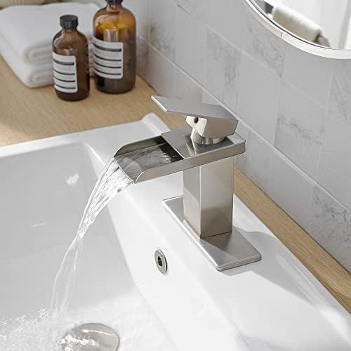  Bathlavish Waterfall Bathroom Sink Faucet Brushed Nickel Vanity Single Handle One Hole Basin Modern Lavatory Faucet Commercial Deck Mount