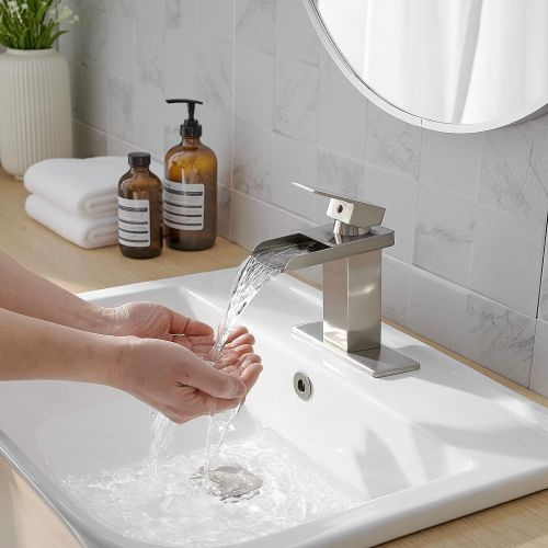  Bathlavish Waterfall Bathroom Sink Faucet Brushed Nickel Vanity Single Handle One Hole Basin Modern Lavatory Faucet Commercial Deck Mount