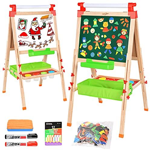  [아마존베스트]BATTOP Easel for Kids with Paper Roll, Art Easel for Kids 3 in 1 Double Sided Childrens Homeschool Easel Chalkboard Dry Erase Whiteboard Toddler Toy Easel Paint Cups Wooden Adjusta