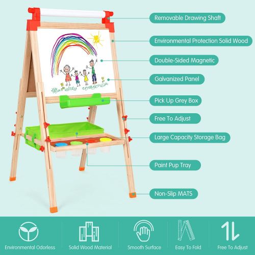  [아마존베스트]BATTOP Easel for Kids with Paper Roll, Art Easel for Kids 3 in 1 Double Sided Childrens Homeschool Easel Chalkboard Dry Erase Whiteboard Toddler Toy Easel Paint Cups Wooden Adjusta