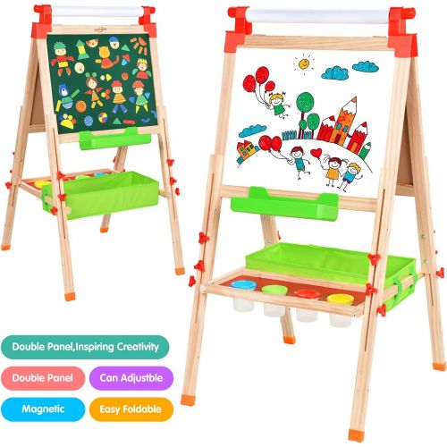  [아마존베스트]BATTOP Easel for Kids with Paper Roll, Art Easel for Kids 3 in 1 Double Sided Childrens Homeschool Easel Chalkboard Dry Erase Whiteboard Toddler Toy Easel Paint Cups Wooden Adjusta