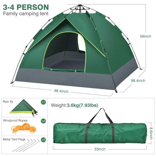  BATTOP 3-4 Person Tent for Family Camping Automatic Instant Pop Up Tents 4 Season Backpacking Tent for Outdoor 98.25 L x 98.25 W x 58.95 H