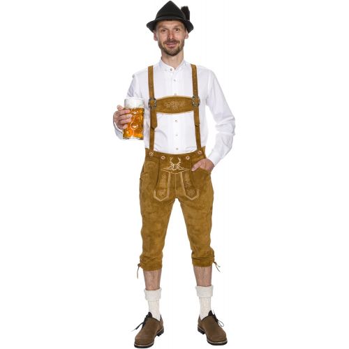  할로윈 용품BAVARIA TRACHTEN Lederhosen Men - Genuine Leather Authentic German Lederhosen for Men Oktoberfest Outfit - Light Brown - Long