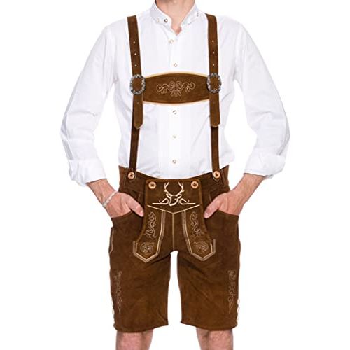  할로윈 용품BAVARIA TRACHTEN Lederhosen for Men - Genuine Leather Authentic German Lederhosen Men - Bundhosen Men - Original Men Oktoberfest Costume/Outfit - Dark Brown - Short