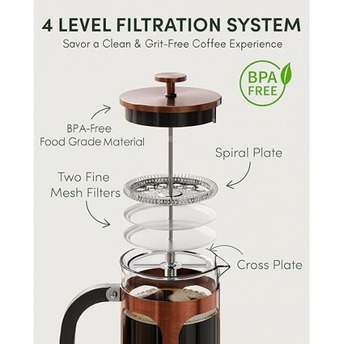  BAYKA 34 Ounce 1 Liter French Press Coffee Maker, Heat Resistant Thickened Borosilicate Glass Stainless Steel Coffee Press, Cold Brew Coffee Pot Tea Press for Kitchen Travel Camping, Copper
