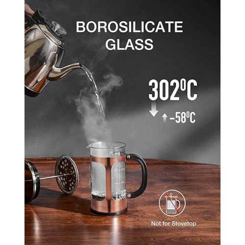  BAYKA 21 Ounce French Press Coffee Tea Maker Small, Stainless Steel Coffee Press Single Serve, Heat Resistant Thickened Borosilicate Glass, Copper 0.6 Liter, Gifts for Camping Dad Mom Fathers Day