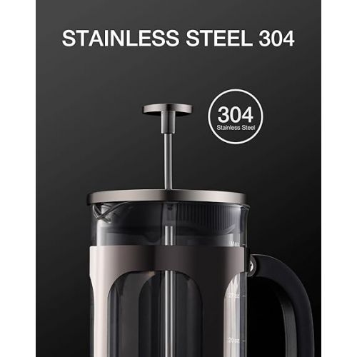  BAYKA 34 Ounce 1 Liter French Press Coffee Maker, Glass Dark Pewter Stainless Steel Coffee Press, Cold Brew Heat Resistant Thickened Borosilicate Coffee Pot,Gifts for Camping Dad Mom Fathers Day