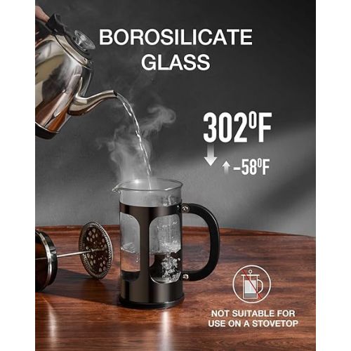  BAYKA 34 Ounce 1 Liter French Press Coffee Maker, Glass Dark Pewter Stainless Steel Coffee Press, Cold Brew Heat Resistant Thickened Borosilicate Coffee Pot,Gifts for Camping Dad Mom Fathers Day