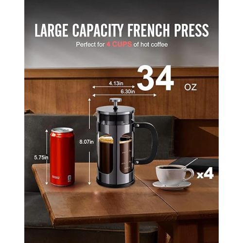  BAYKA 34 Ounce 1 Liter French Press Coffee Maker, Glass Dark Pewter Stainless Steel Coffee Press, Cold Brew Heat Resistant Thickened Borosilicate Coffee Pot,Gifts for Camping Dad Mom Fathers Day