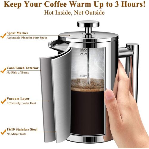  BAYKA French Press Coffee Maker, Stainless Steel 21oz Double-Wall Metal Insulated Coffee Tea Makers with 4 Level Filtration System, Rust-Free, Dishwasher Safe