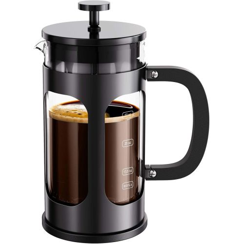  [아마존베스트]BAYKA French Press Coffee Tea Maker, 304 Stainless Steel Coffee Press with 4 Level Filtration System, Heat Resistant Thickened Borosilicate Glass, 34 Ounce, Black