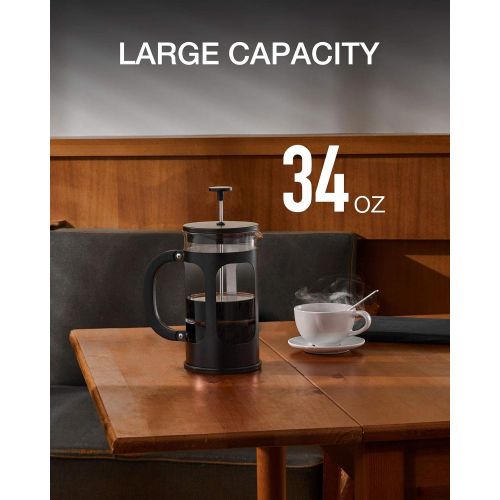  [아마존베스트]BAYKA French Press Coffee Tea Maker, 304 Stainless Steel Coffee Press with 4 Level Filtration System, Heat Resistant Thickened Borosilicate Glass, 34 Ounce, Black