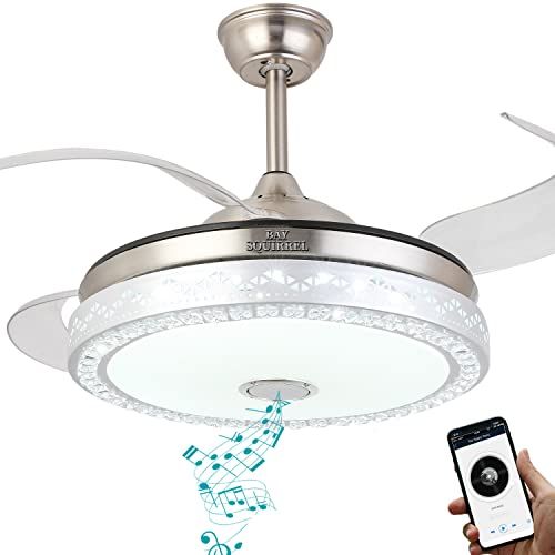  BAYSQUIRREL Retractable Ceiling Fan with Light and Bluetooth Speaker, 7 Changing Color LED Bluetooth Fan Chandelier with Remote 36W Silver (Silver)