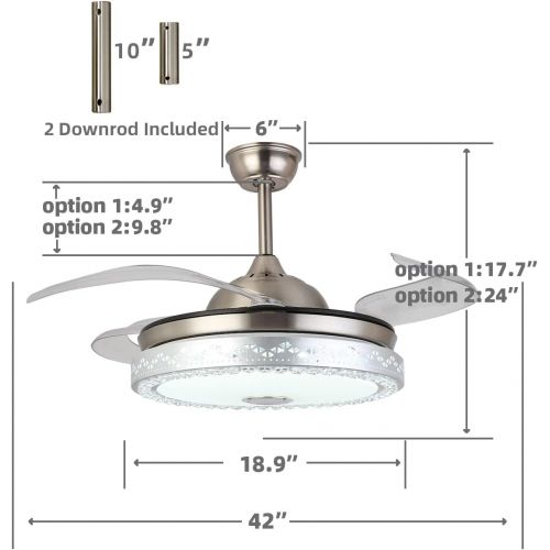  BAYSQUIRREL Retractable Ceiling Fan with Light and Bluetooth Speaker, 7 Changing Color LED Bluetooth Fan Chandelier with Remote 36W Silver (Silver)