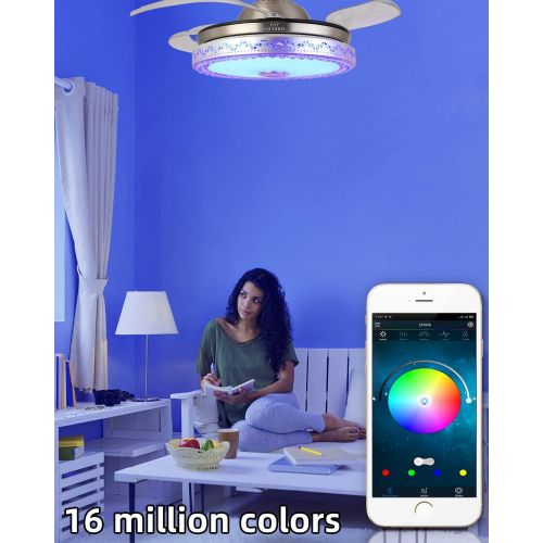  BAYSQUIRREL Retractable Ceiling Fan with Light and Bluetooth Speaker, 7 Changing Color LED Bluetooth Fan Chandelier with Remote 36W Silver (Silver)