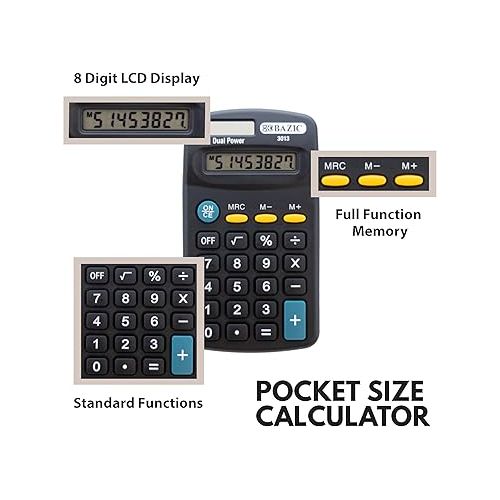  BAZIC 8 Digit Pocket Size Calculator, Dual Power Solar & Battery, LCD Display, Mini Small Basic Standard Function Calculators, Black Color, 288-Pack