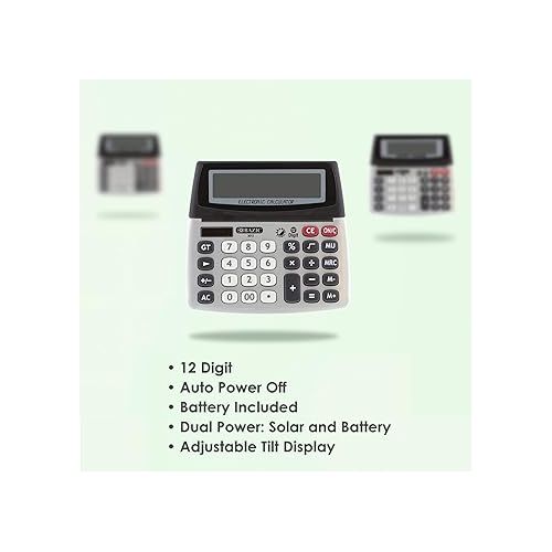  BAZIC 12-Digit Dual Power Desktop Calculator w/Adjustable Display, Solar & Battery, LCD Display, Standard Function Electronics Calculators, 1-Pack