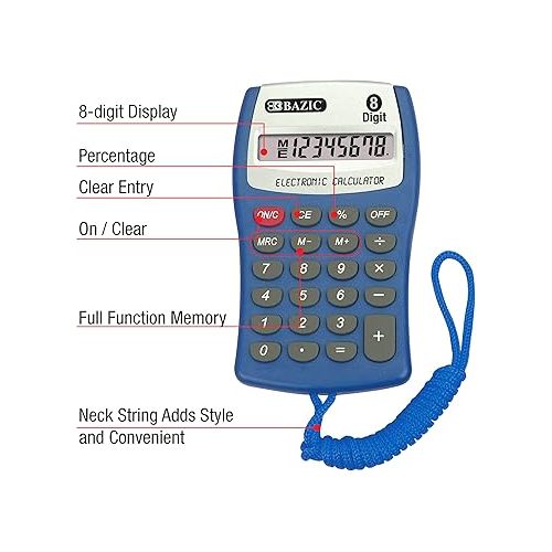  BAZIC Pocket Size Calculator 8-Digit w/Neck String, LCD Display, Small Standard Function Electronics Calculators, Assorted Color, 24-Pack