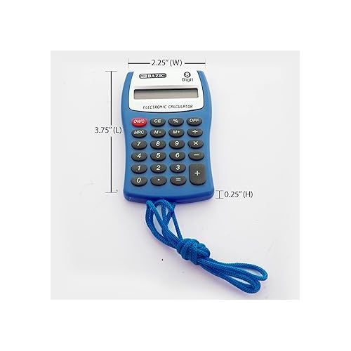  BAZIC Pocket Size Calculator 8-Digit w/Neck String, LCD Display, Small Standard Function Electronics Calculators, Assorted Color, 24-Pack