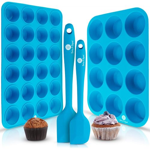  [아마존베스트]BB BAKING & BEYOND Baking & Beyond Premium Silicone Muffin Pan - Non Stick Silicone Cupcake Pan - 12 Cup Muffin Tray, 24 Cups Mini Cupcakes Pans - Silicon Muffin Molds - Silicone Baking Set - 2 Spatu