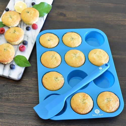  [아마존베스트]BB BAKING & BEYOND Baking & Beyond Premium Silicone Muffin Pan - Non Stick Silicone Cupcake Pan - 12 Cup Muffin Tray, 24 Cups Mini Cupcakes Pans - Silicon Muffin Molds - Silicone Baking Set - 2 Spatu