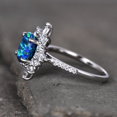  BBBGEM Opal engagement ring 6x8mm Oval Dark Blue Green Opal Simulated Diamond Halo Ring Floral Vintage Anniversary Gift White gold plated