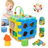 BBLIKE Baby Activity Cube, 6 in 1 Multipurpose Play Center Activity Square Play Cube for Infants & Toddlers Busy Learner Cube with Shapes Maze Music Gears Clock Educational