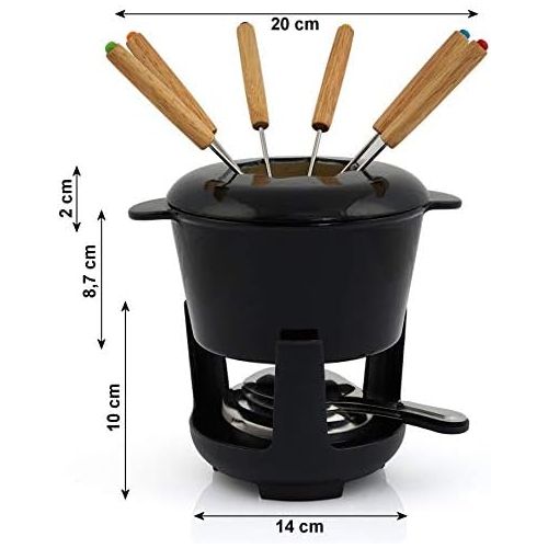  [아마존베스트]BBQ-Toro Cast Iron Fondue Set for 6 People, 13-Piece Fondue Set with Burner and Forks, Capacity 1 Litres Cheese Chocolate Induction