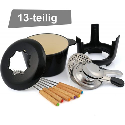  [아마존베스트]BBQ-Toro Cast Iron Fondue Set for 6 People, 13-Piece Fondue Set with Burner and Forks, Capacity 1 Litres Cheese Chocolate Induction