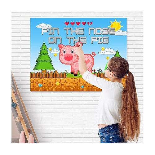  Mining Party Supplies Mining Party Favors Pin The Nose on The Pig Party Game with Pixel Pig Poster Pixelated Party Decor Pixel Party Favor Photo Prop with 8 Pieces Eye Masks Birthday Party Supplies