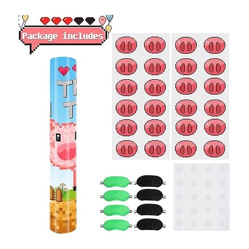  Mining Party Supplies Mining Party Favors Pin The Nose on The Pig Party Game with Pixel Pig Poster Pixelated Party Decor Pixel Party Favor Photo Prop with 8 Pieces Eye Masks Birthday Party Supplies